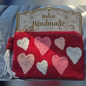 Red, Pink and White Beaded Heart Clutch